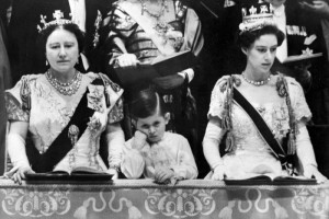Coronation Prince Charles with the Queen Mother and Princess Margaret