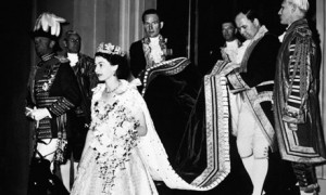 Queen Elizabeth II at her coronation in Westminster Abbey on 2 June 1953.