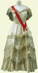 Queen Elizabeth white wardrobe for Paris 1938 - crinoline evening gown with sash