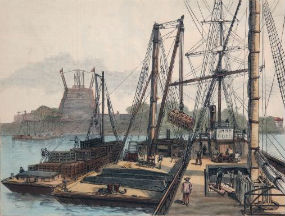Isere unloading the crates containing the Statue of Liberty for transport to Bedloe's Island